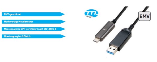 TTL USB-C Hybrid Kabel (AOC) USB-C auf USB-A, schwarz, 30m